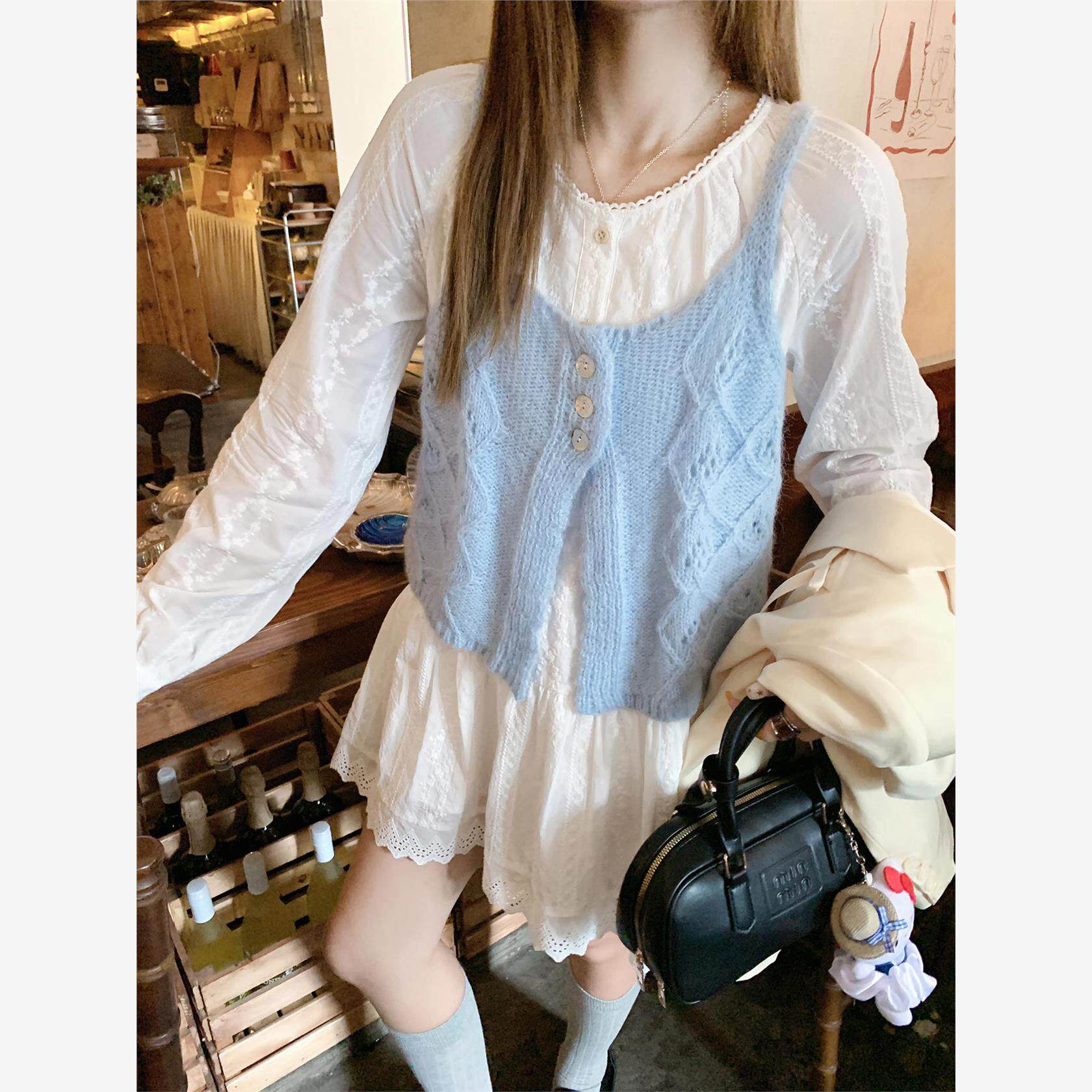 韩式提花白色长袖连衣裙女式秋季束腰短裙分层套装