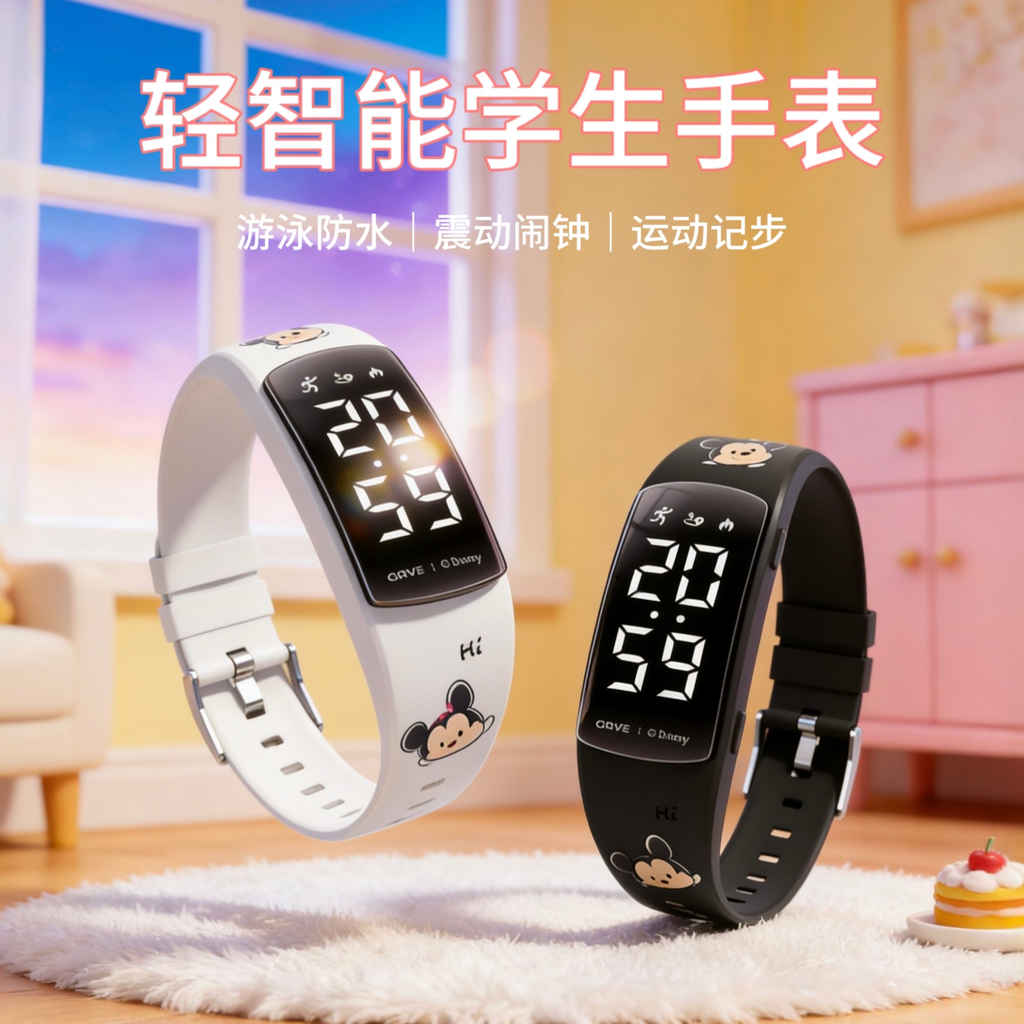 迪士尼儿童多功能电子表小学生运动防水手表夜光震动闹钟提醒腕表