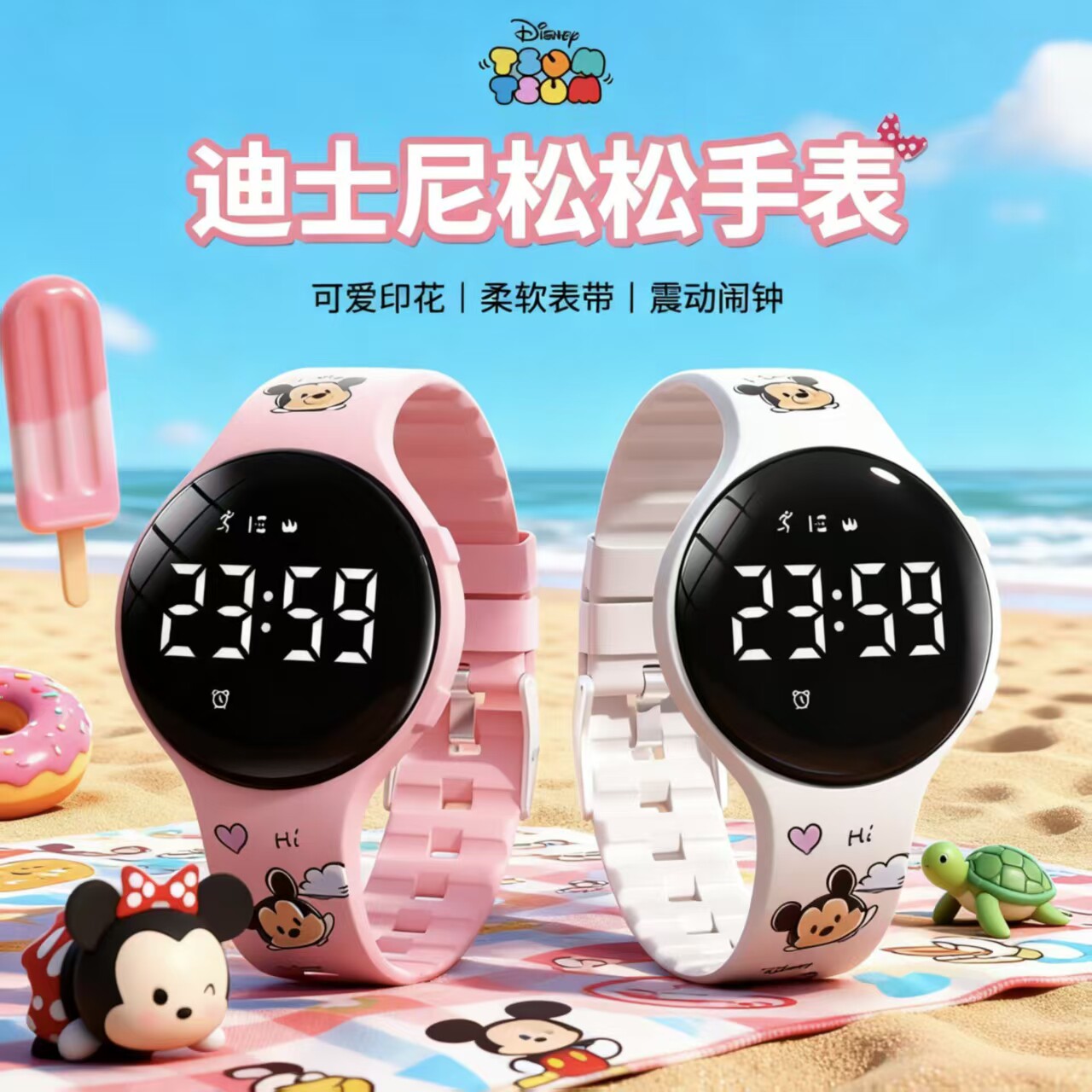 迪士尼卡通手表儿童电子表学生专用可爱印花运动防水震动闹钟腕表
