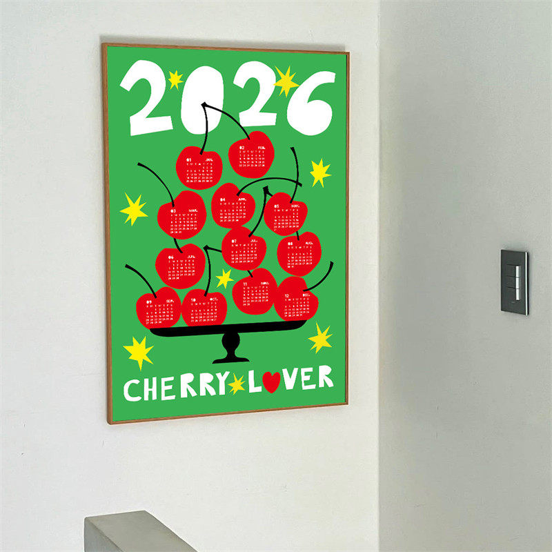 2026樱桃日历创意简约风装饰画芯艺术多巴胺插画家居装饰海报无框
