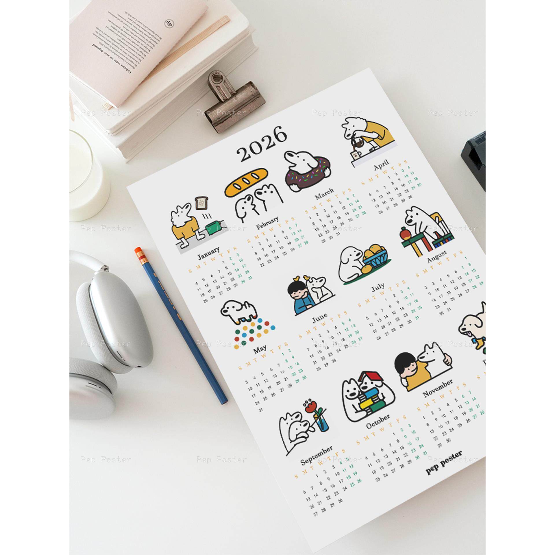 Pep原创新款2026日历海报少女ins风卧室装饰画餐厅壁画韩系奶油风