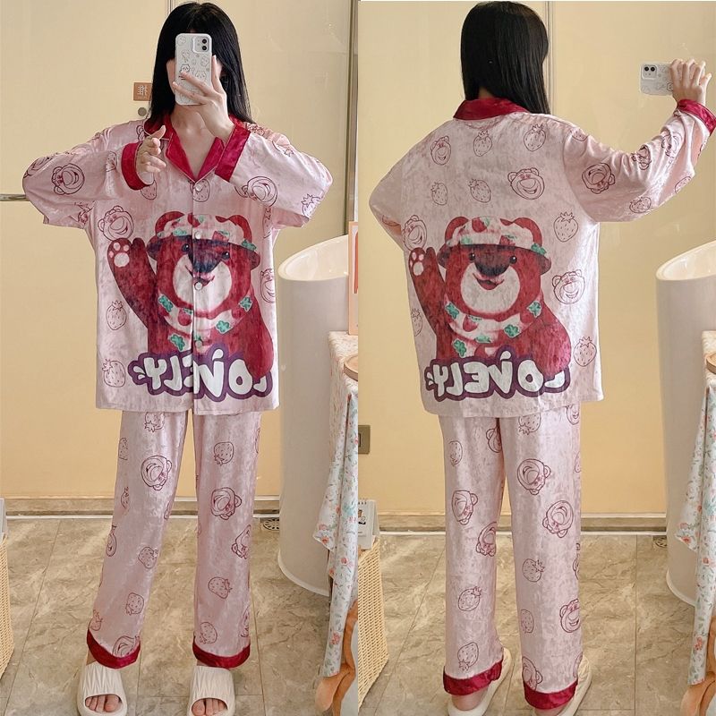 睡衣女秋冬季金钻绒长袖卡通可爱甜美少女金丝绒家居服套装可外穿