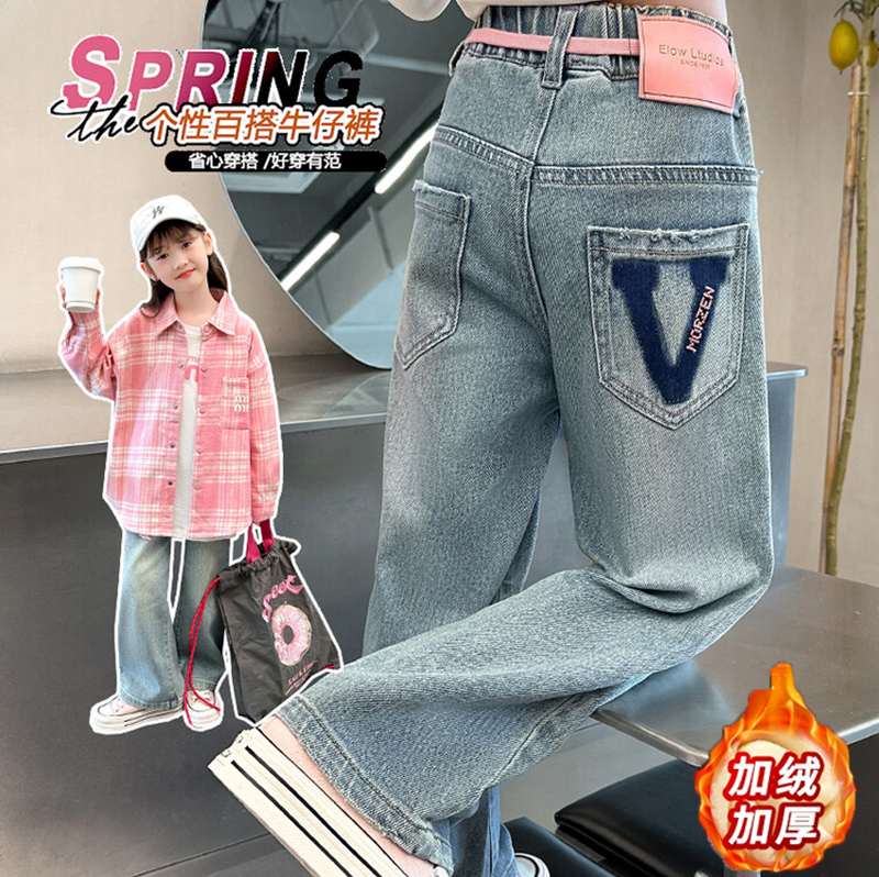 秋冬季女童装加绒加厚牛仔裤中大儿童童装宽松休闲外穿阔腿裤