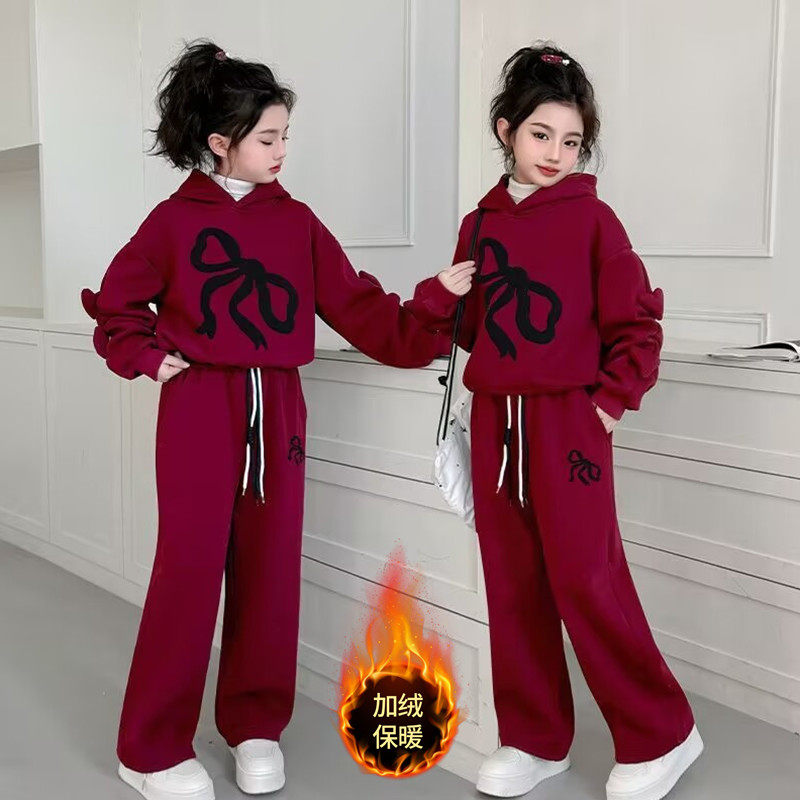 女童红色新年服秋冬新款中大童连帽卫衣阔腿裤冬季保暖加绒两件套