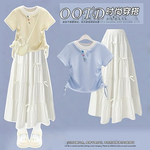 女童超好看夏装裙子套装2025新款薄款洋气儿童假两件短袖半身长裙