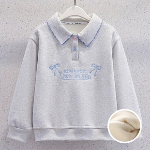 女童加绒卫衣冬季加厚儿童保暖一体绒上衣洋气中大童蝴蝶结POLO衫