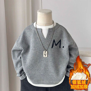 男童假两件上衣加绒2025新款帅气儿童装长袖t恤中大童v领卫衣冬装