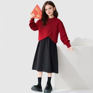 拜年服女童冬季连衣裙套装2025新款女大童中国红毛衣背心裙两件套