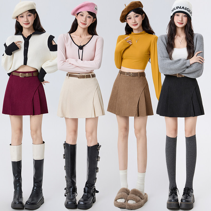 复古灯芯绒百褶半身裙女秋冬韩版高腰显瘦百搭A字短裙配皮带