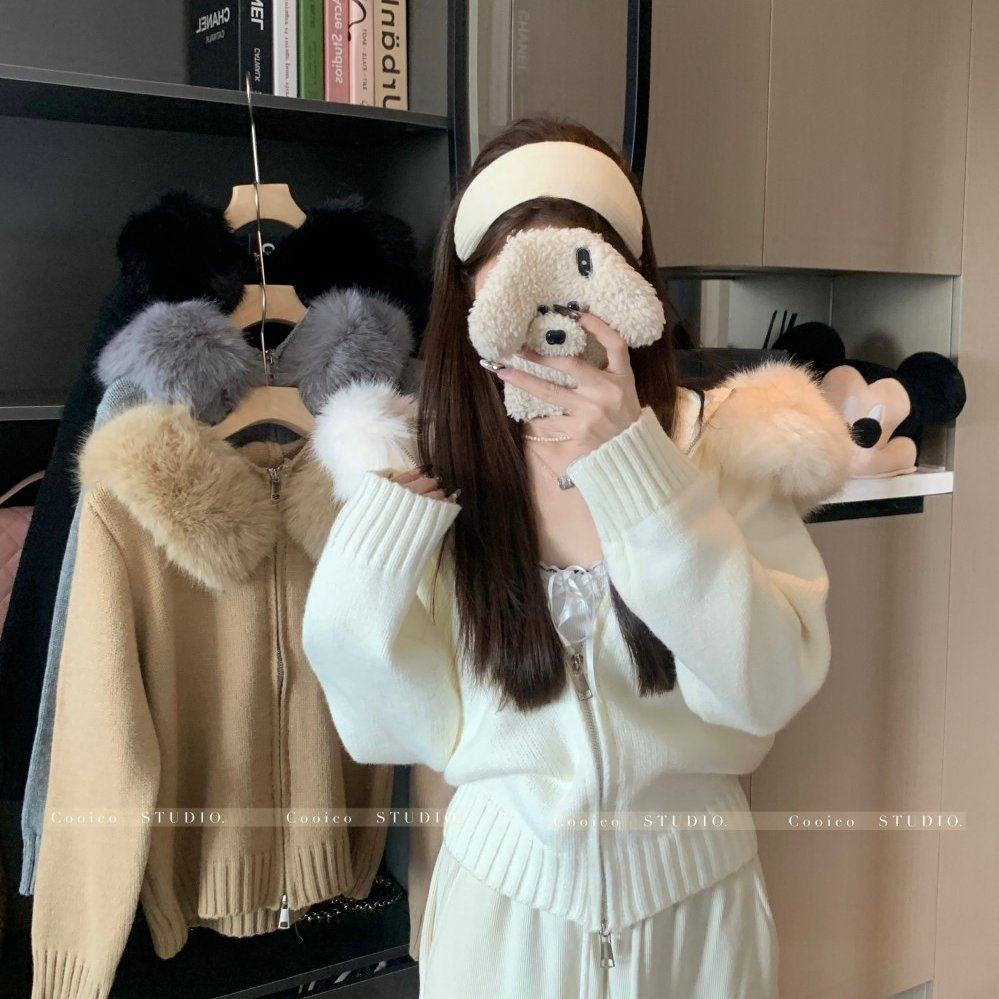 秋季针织拉链开衫可拆卸毛毛领长袖氛围感毛衣外套上衣