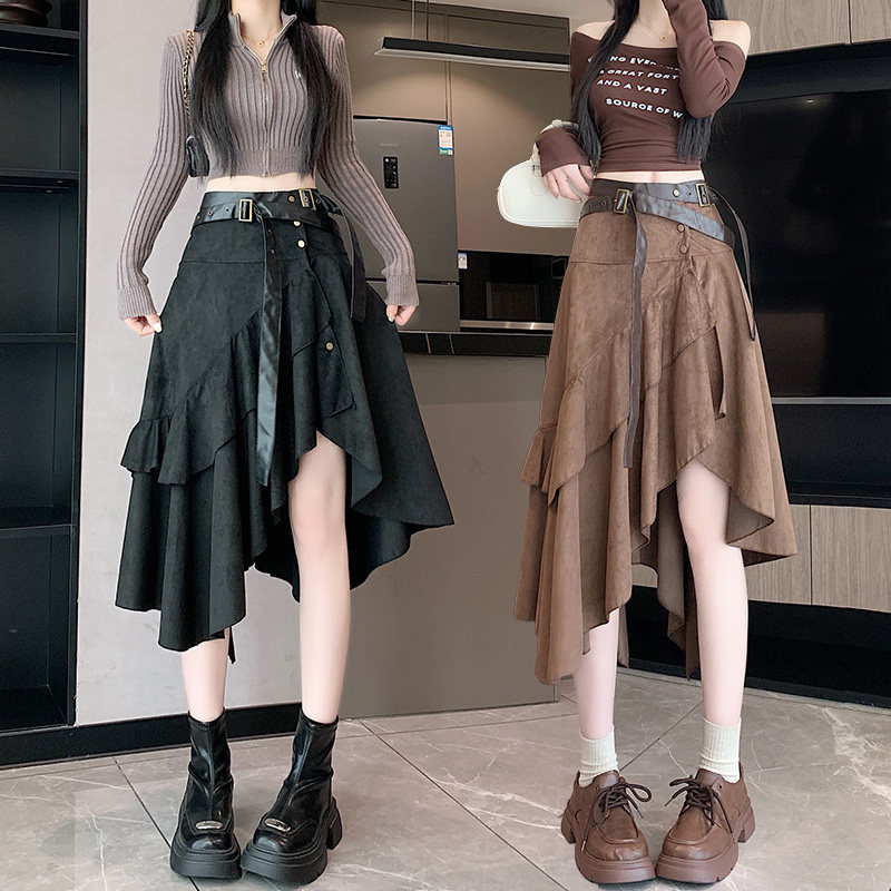 半身裙女2025秋冬新款美拉德不规则麂皮绒设计辣妹A字百褶裙