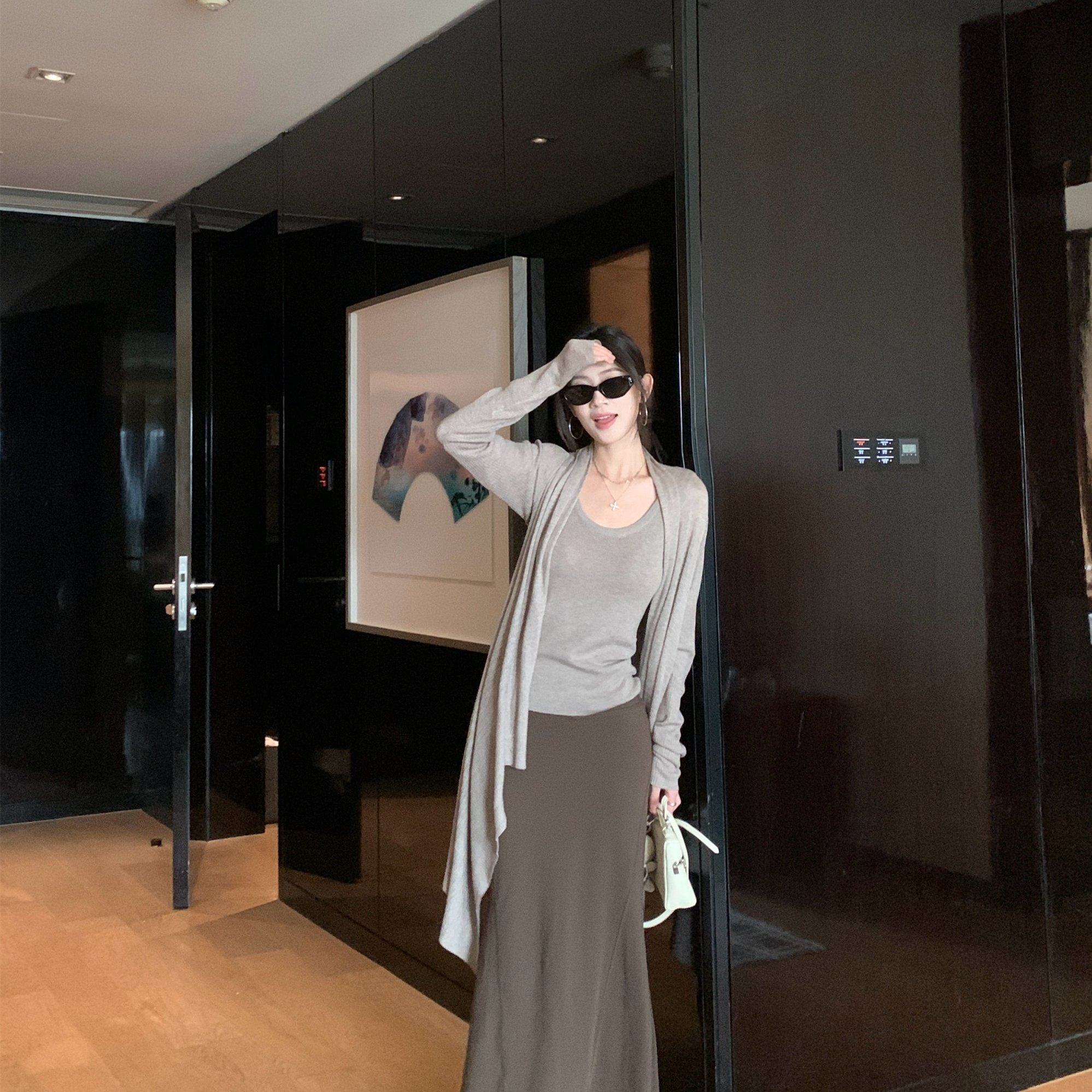 气质慵懒长袖温柔开衫毛衣背心+鱼尾裙