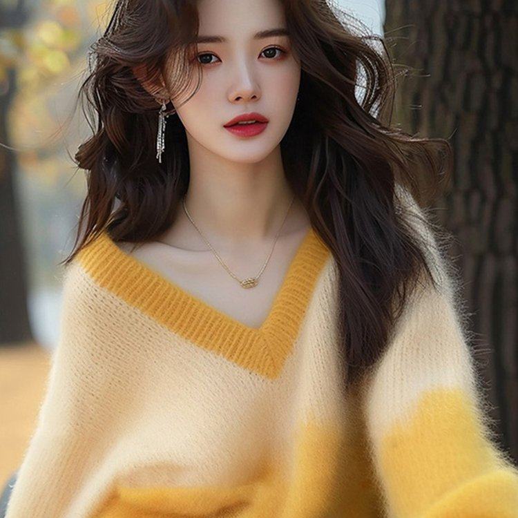 黄色渐变V领加厚针织毛衣女款2025新款冬季穿搭多巴胺慵懒风上衣