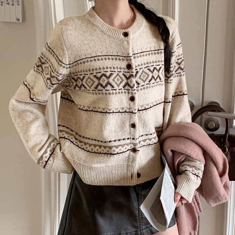 秋冬新款韩版设计感圆领套头复古提花撞色毛衣女针织衫开衫女