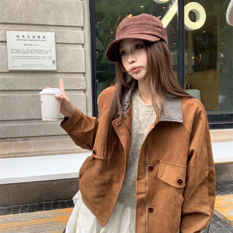 复古设计感撞色拼皮翻领休闲开衫百搭休闲外套