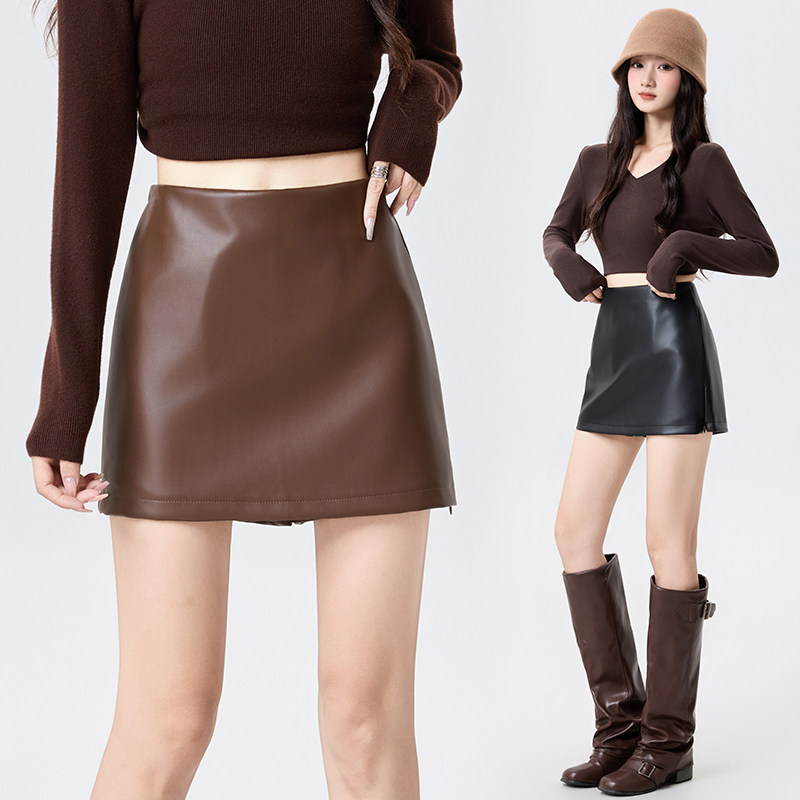 侧边开叉PU皮裙半身裙女秋冬小个子高腰显瘦A字包臀裙短裙