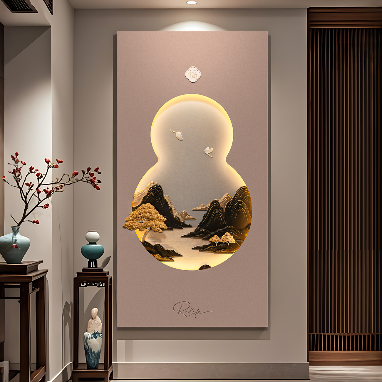 3D立体浮雕玄关挂画走廊过道福蕴山河现代入户客厅山水香氛装饰画图片