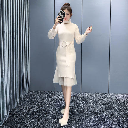 针织连衣裙冬季2017新款女中长款毛衣裙子小