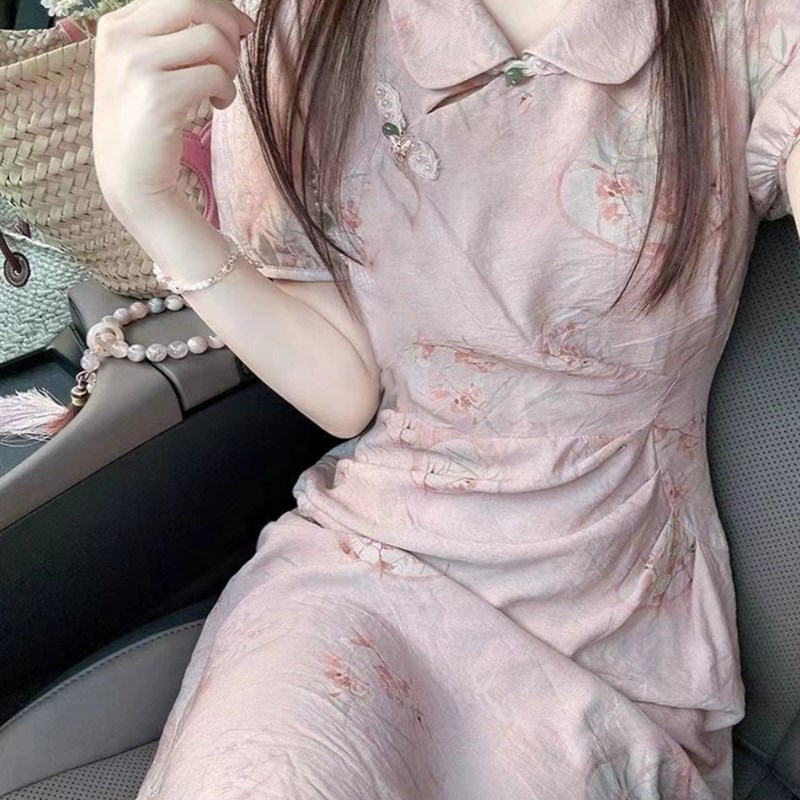 速发大码国风改良旗式连衣裙夏季新中袍复古裙子子肚遮长裙