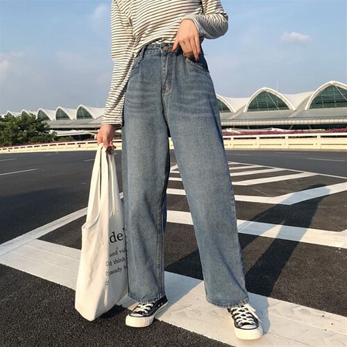 速发超火高腰牛生裤春大码宽松学百仔搭直筒阔腿裤