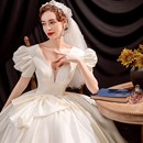 深V领泡泡袖 法式 新娘蓬蓬裙公主婚纱礼服170 高贵王 速发