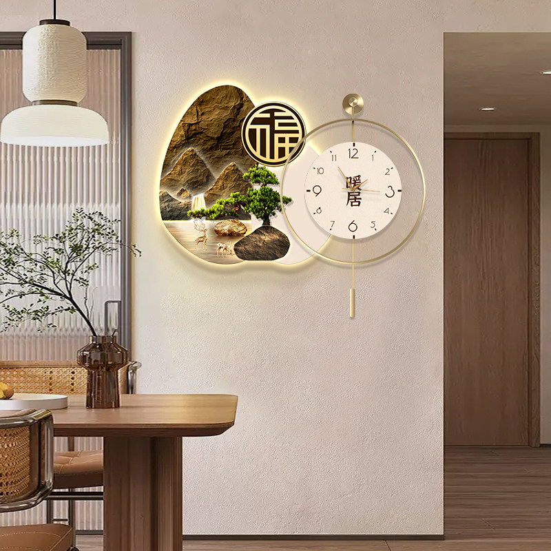 速发餐厅装饰高带钟表高档挂厅客钟壁画饭厅挂画轻奢画级感福字时