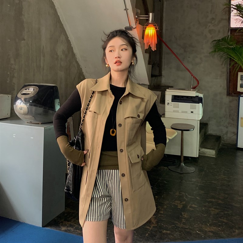 速发中长款复版马甲设计感工装西背心外套春秋装韩古风服