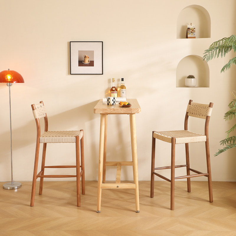 实木吧台凳美式家用高凳牛皮纸绳编织靠背椅复古吧台椅客厅高脚凳