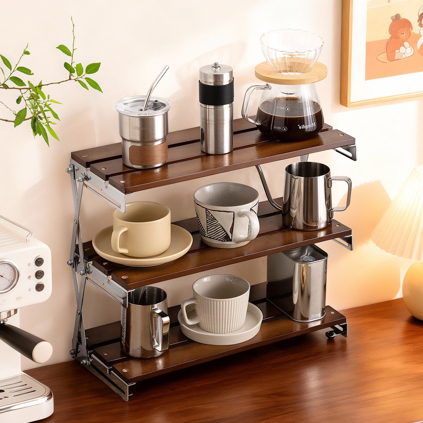 可折叠桌面置物架杯子收纳架子台面工位水杯咖啡杯露营架小型杯架