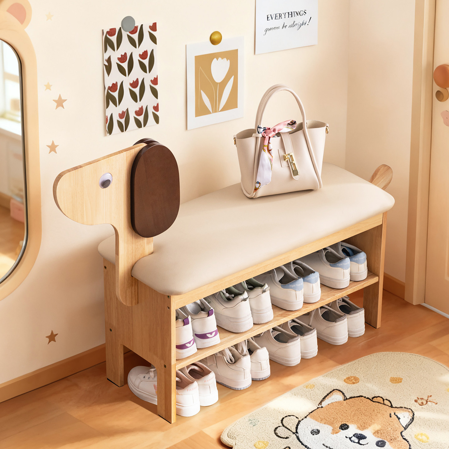 实木小狗换鞋凳门口家用鞋架子可爱创意入户玄关坐凳一体可坐鞋柜