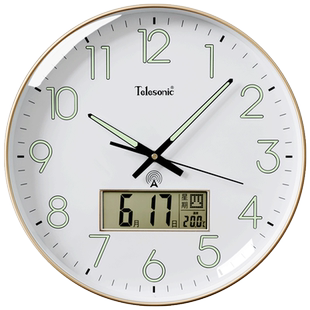 TELESONIC/天王星夜光电波钟居家客厅静音挂钟万年历日历时钟挂表