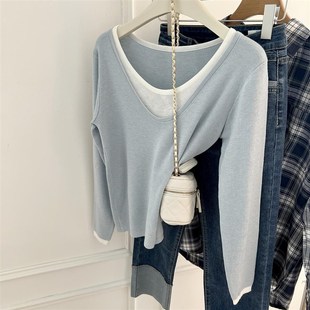 速发韩系针款圆领假两件设计新织衫款款新遮肉上衣