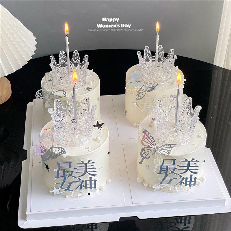 速发网红8神节蛋糕装饰水晶摆件三八妇节银色蝴蝶亚克力插件