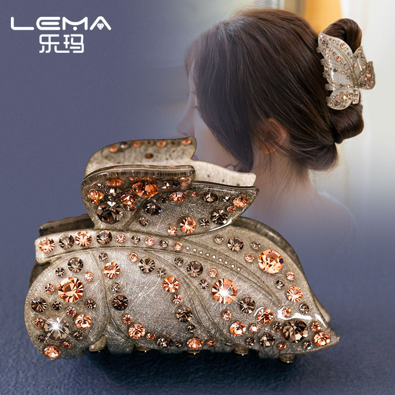 新款头发抓夹优雅盘发发夹女后脑勺高级感树叶发抓水钻发卡鲨鱼夹