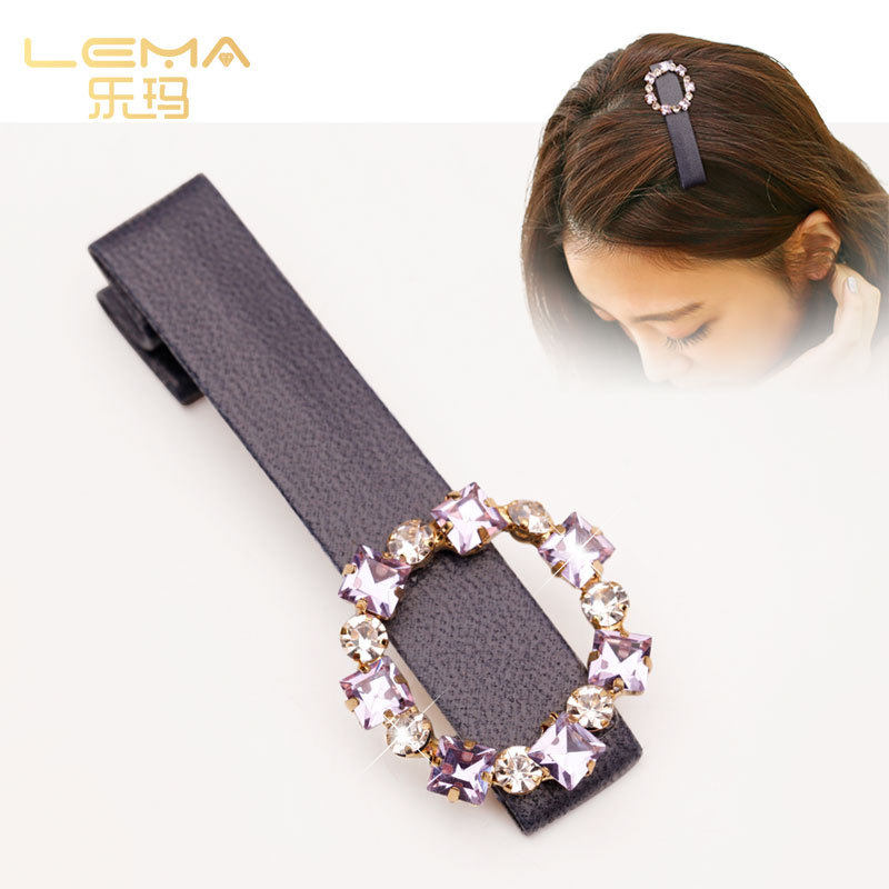 乐玛发饰镶钻皮质高端水钻边夹鸭嘴夹韩版刘海夹时尚成人发夹