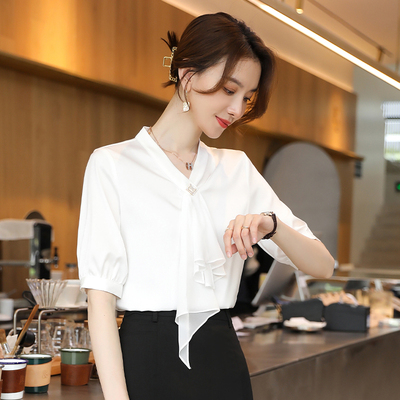 诗璐雅修身围巾领衬衫女短袖2024夏季小众设计感雪纺衫上衣女神范