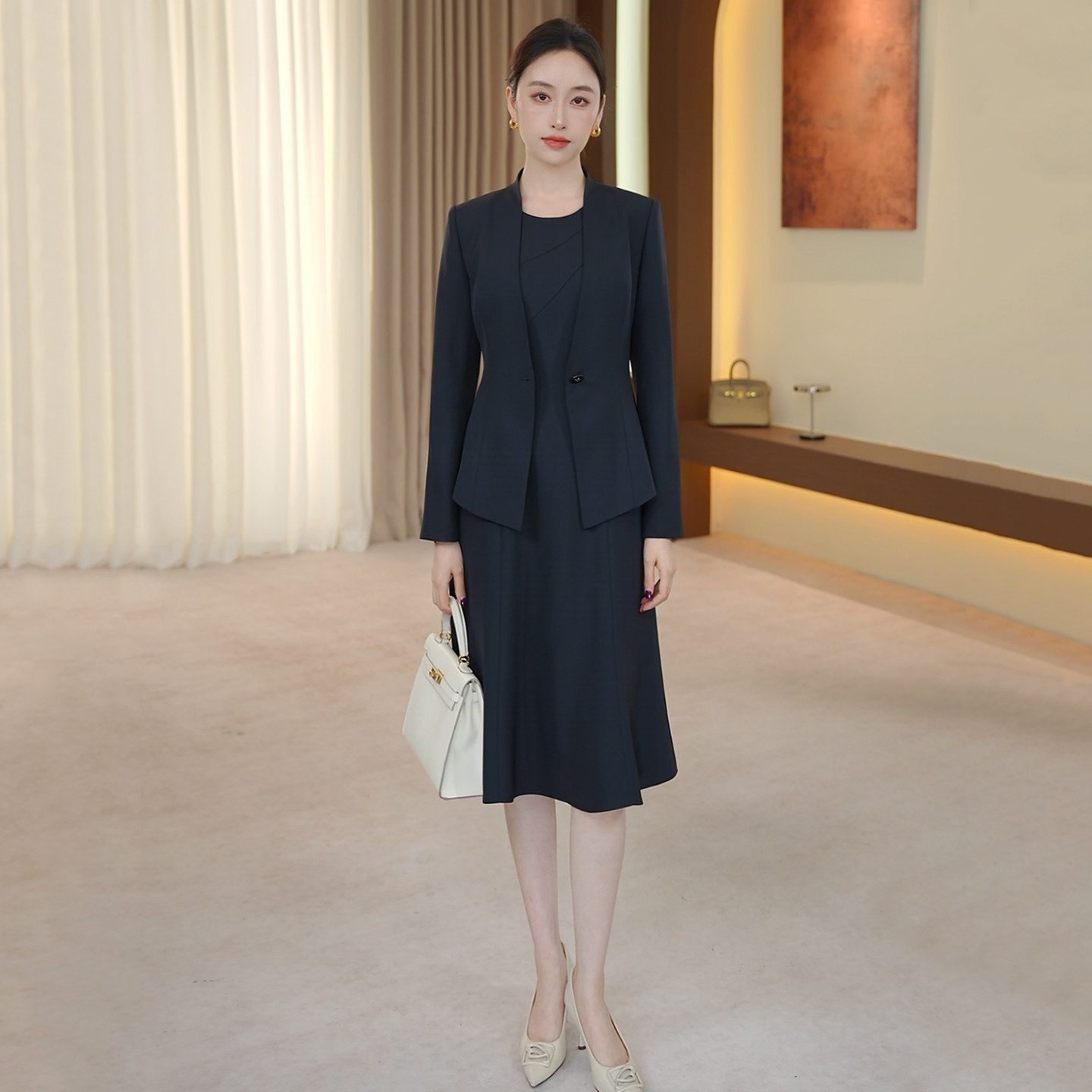 钟老板 藏青色西装套装女2026秋季新款简约通勤外套连衣裙两件套