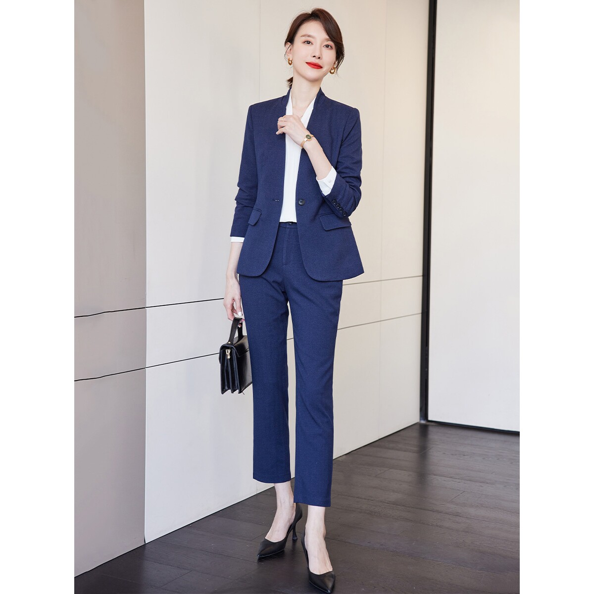 诗璐雅长袖西装套装女教师公务员上班面试气质高级感藏青色职业装