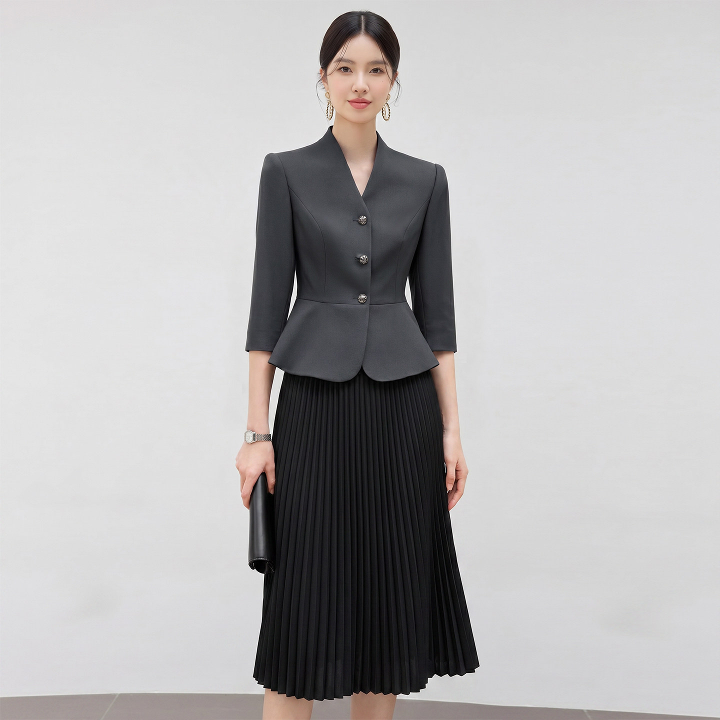 艾尚臣商务风灰色七分袖西装套装女职业装收腰高级感气质通勤女装