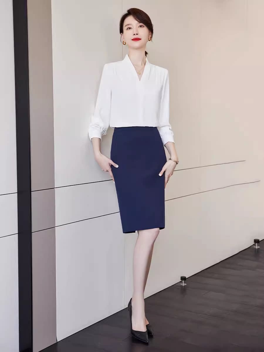 诗璐雅V领白衬衫女长袖西裙套装2026春秋时尚新款前台职业工作服