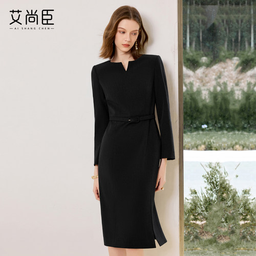 艾尚臣黑色西装连衣裙女气质高端小个子职业装主持人上镜装小黑裙