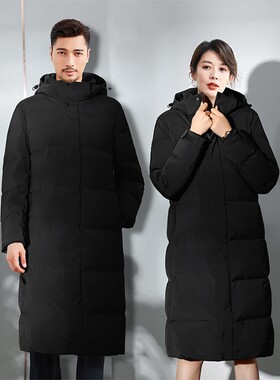 工装长款过膝加厚羽绒服黑色男女同款职业冬装团购定制LOGO工作服