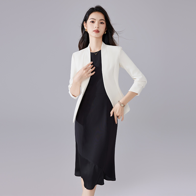 诗璐雅白色长袖西装外套连衣裙2024秋季高级感职业通勤女装两件套
