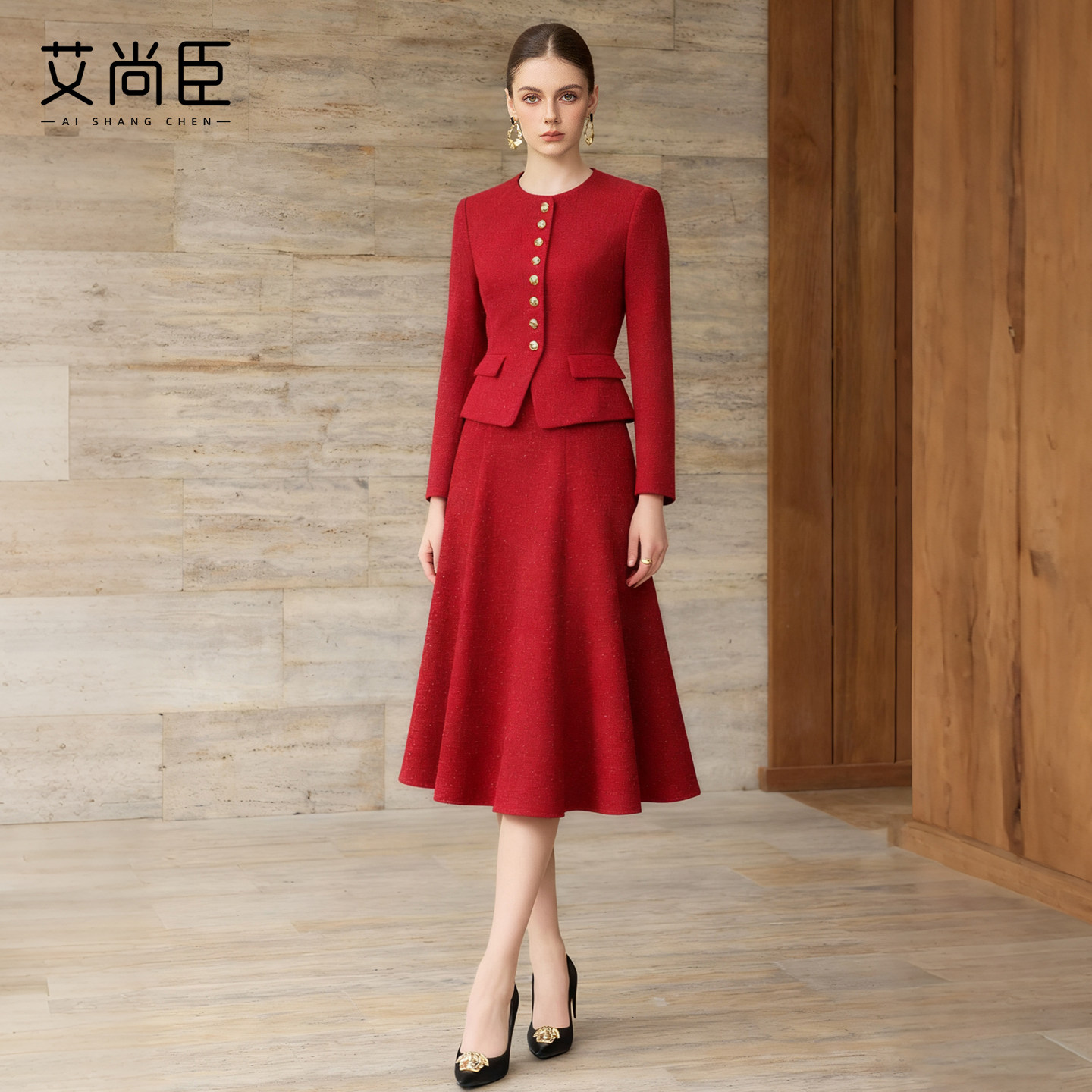 艾尚臣小香风红色西服两件套女冬新年战袍西装套装气质订婚敬酒服
