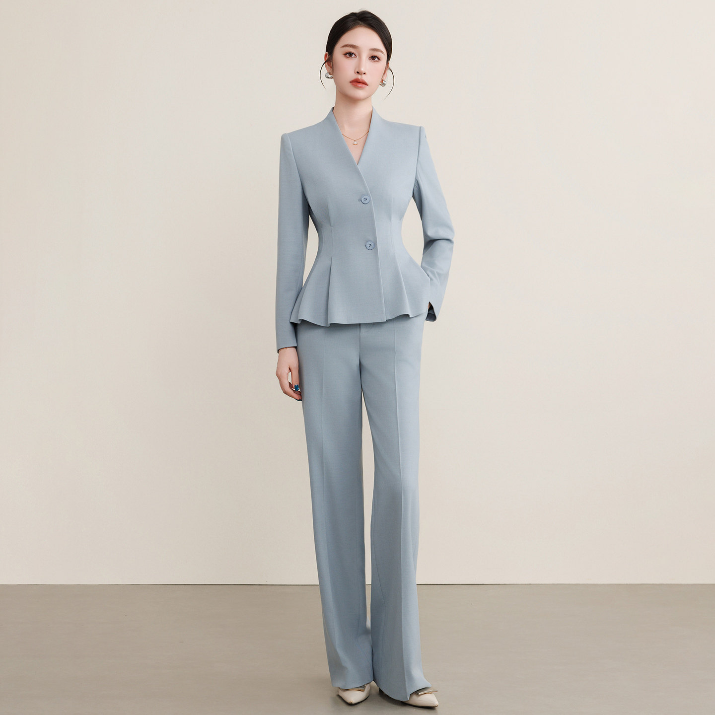 钟老板 灰蓝色西装套装女2026春秋新款高级感通勤V领收腰显瘦外套