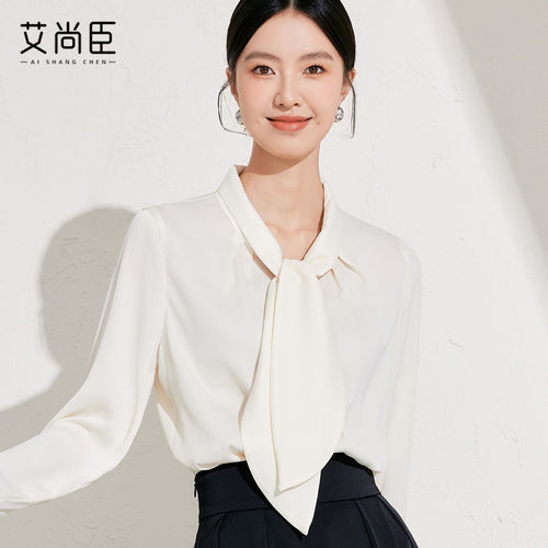 艾尚臣长袖衬衫女2026新款轻熟风设计感杏色兔耳朵系带高级感衬衣