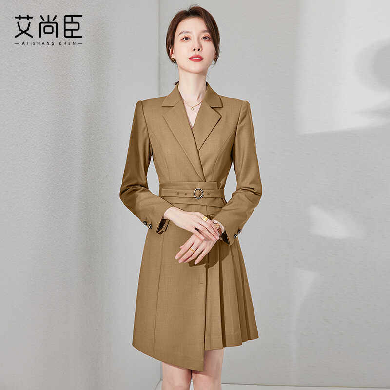 艾尚臣卡其色秋季长袖西装连衣裙时尚收腰女装高级感职场工作裙子