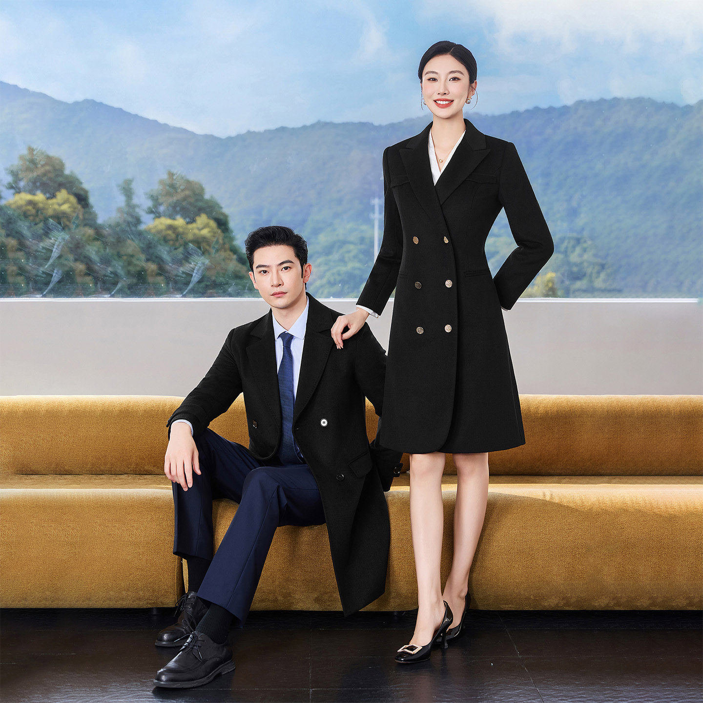 职业工作服羽绒内胆大衣冬男女羊毛工装外套售楼处银行工作服黑色