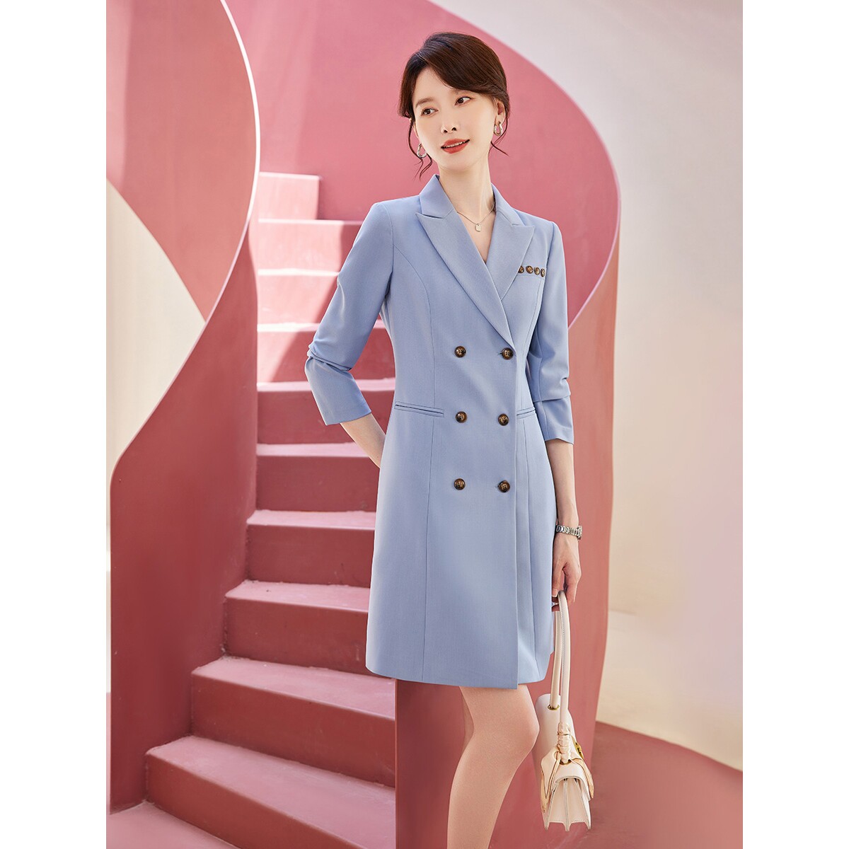 诗璐雅法式西装连衣裙气质通勤女神范时尚双排扣高级感正装裙春秋
