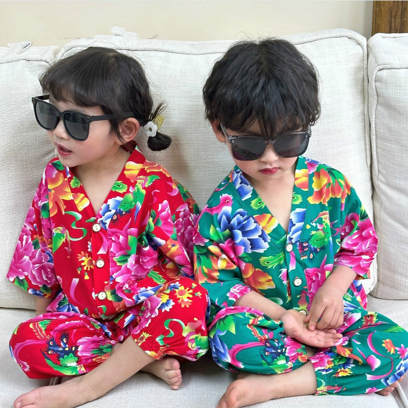 东北大花婴儿服男童夏季人造棉宝宝套装儿童棉绸衣服短袖家居服薄